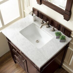 James Martin 650-V30-BNM-3CAR Brittany 30 Inch Single Vanity in Burnished Mahogany with 3 cm Carrara Marble Top