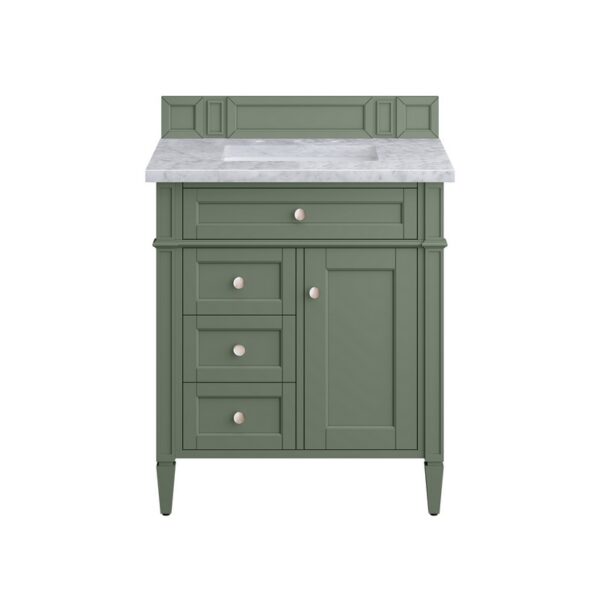 James Martin 650-V30-SC-3CAR Brittany 30 Inch Smokey Celadon Single Sink Vanity with 3 cm Carrara Marble Top