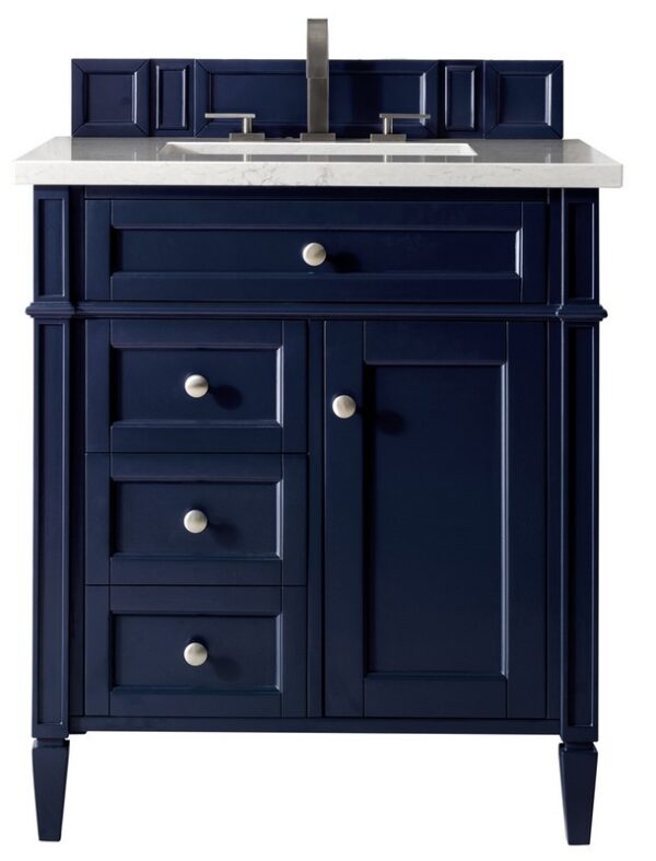 James Martin 650-V30-VBL-3AF Brittany 30 Inch Single Vanity in Victory Blue with 3 cm Arctic Fall Solid Surface Top