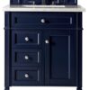 James Martin 650-V30-VBL-3EJP Brittany 30 Inch Single Vanity in Victory Blue with 3 cm Eternal Jasmine Pearl Quartz Top with Sink