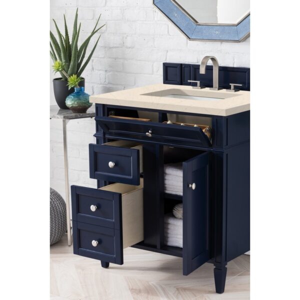 James Martin 650-V30-VBL-3EMR Brittany 30 Inch Single Vanity in Victory Blue with 3 CM Eternal Marfil Quartz Top