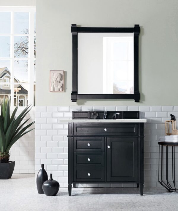 James Martin 650-V36-BKO-3ENC Brittany 36 Inch Single Vanity Cabinet with Ethereal Noctis Quartz Top - Black Onyx