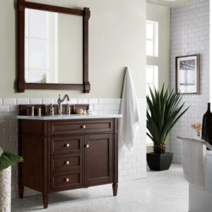 James Martin 650-V36-BNM-3CAR Brittany 36 Inch Burnished Mahogany Single Vanity with 3 cm Carrara Marble Top