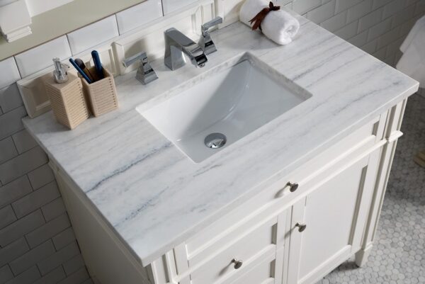 James Martin 650-V36-BW-3AF Brittany 36 Inch Bright White Single Vanity with 3 cm Arctic Fall Solid Surface Top