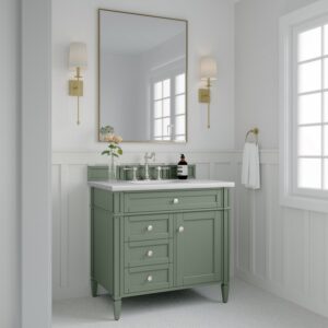 James Martin 650-V36-SC-3AF Brittany 36 Inch Smokey Celadon Single Sink Vanity with 3 cm Arctic Fall Top