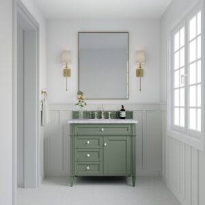 James Martin 650-V36-SC-3CAR Brittany 36 Inch Smokey Celadon Single Sink Vanity with 3 cm Carrara Marble Top