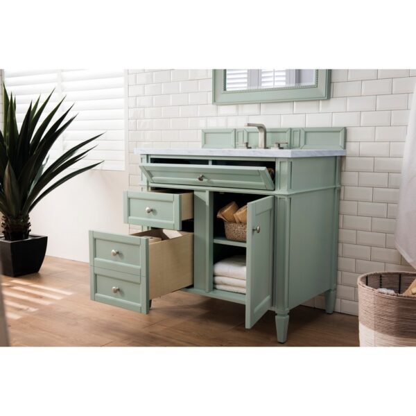 James Martin 650-V36-SGR-3CAR Brittany 36 Inch Sage Green Single Vanity with 3 CM Carrara Marble Top