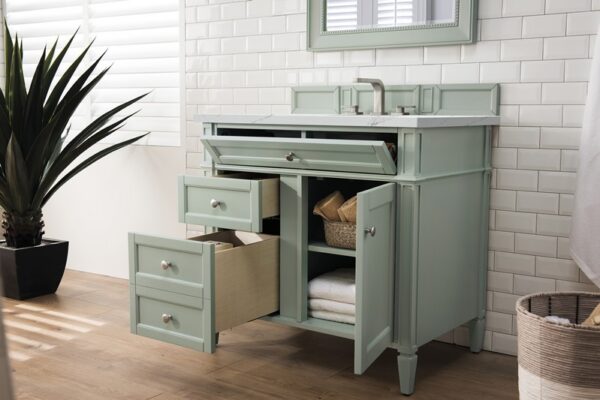 James Martin 650-V36-SGR-3ENC Brittany 36 Inch Single Vanity Cabinet with Ethereal Noctis Quartz Top - Sage Green