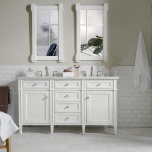 James Martin 650-V60D-BW-3CAR Brittany 60 Inch Bright White Double Vanity with 3 cm Carrara Marble Top