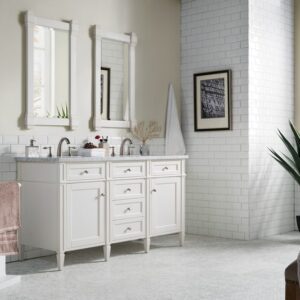 James Martin 650-V60D-BW-3CAR Brittany 60 Inch Bright White Double Vanity with 3 cm Carrara Marble Top