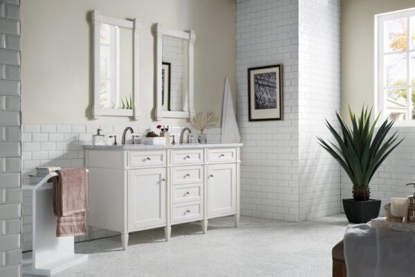 James Martin 650-V60D-BW-3CAR Brittany 60 Inch Bright White Double Vanity with 3 cm Carrara Marble Top