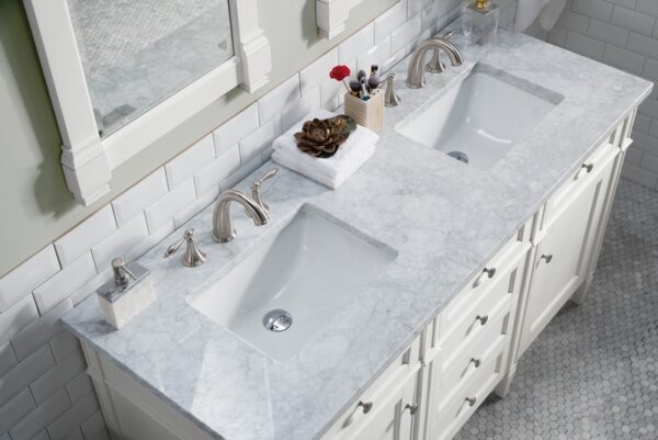 James Martin 650-V60D-BW-3CAR Brittany 60 Inch Bright White Double Vanity with 3 cm Carrara Marble Top