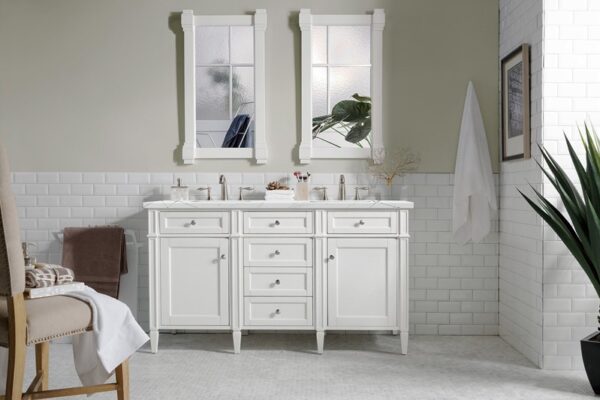 James Martin 650-V60D-BW-3ENC Brittany 60 Inch Double Vanity Cabinet with Ethereal Noctis Quartz Top - Bright White