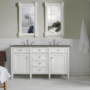 James Martin 650-V60D-BW-3GEX Brittany 60 Inch Bright White Double Vanity with 3 cm Grey Expo Quartz Top with Sink