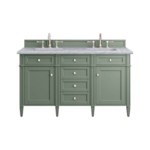 James Martin 650-V60D-SC-3CAR Brittany 60 Inch Smokey Celadon Double Sink Vanity with 3 cm Carrara Marble Top