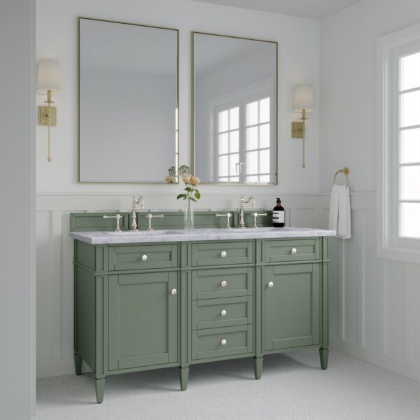 James Martin 650-V60D-SC-3CAR Brittany 60 Inch Smokey Celadon Double Sink Vanity with 3 cm Carrara Marble Top