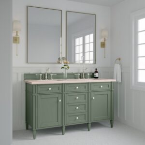 James Martin 650-V60D-SC-3EMR Brittany 60 Inch Smokey Celadon Double Sink Vanity with 3 cm Eternal Marfil Top