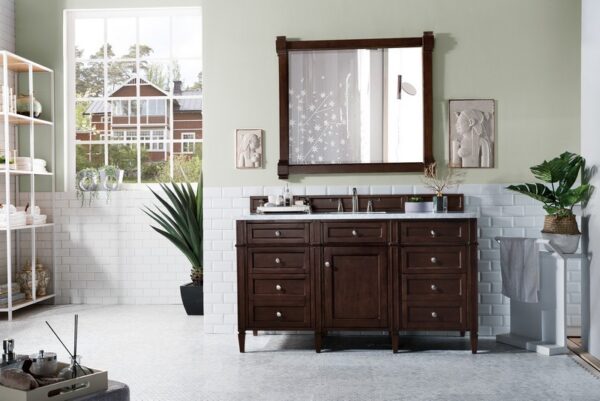 James Martin 650-V60S-BNM-3CAR Brittany 60 Inch Burnished Mahogany Single Vanity with 3 cm Carrara Marble Top