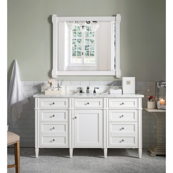 James Martin 650-V60S-BW-3CAR Brittany 60 Inch Bright White Single Vanity with 3 cm Carrara Marble Top