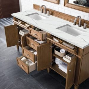 James Martin 650-V72-SBR-3ENC Brittany 72 Inch Double Vanity Cabinet with Ethereal Noctis Quartz Top - Saddle Brown