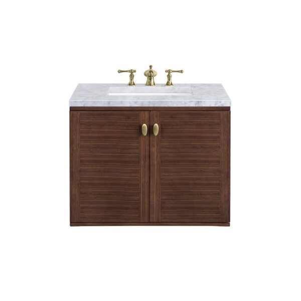 James Martin 670-V30-WLT-3CAR Amberly 30 Inch Mid-Century Walnut Single Sink Vanity with 3 cm Carrara Marble Top