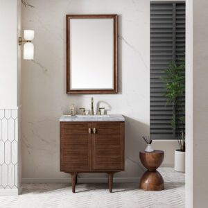 James Martin 670-V30-WLT-3CAR Amberly 30 Inch Mid-Century Walnut Single Sink Vanity with 3 cm Carrara Marble Top