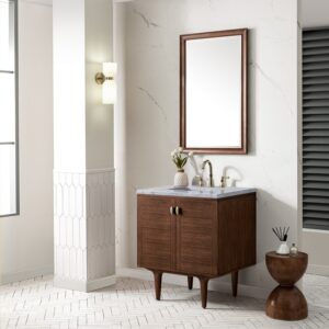 James Martin 670-V30-WLT-3CAR Amberly 30 Inch Mid-Century Walnut Single Sink Vanity with 3 cm Carrara Marble Top