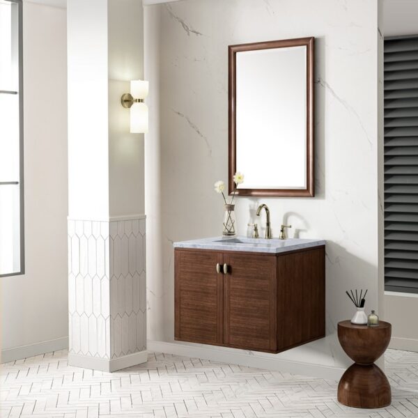 James Martin 670-V30-WLT-3CAR Amberly 30 Inch Mid-Century Walnut Single Sink Vanity with 3 cm Carrara Marble Top