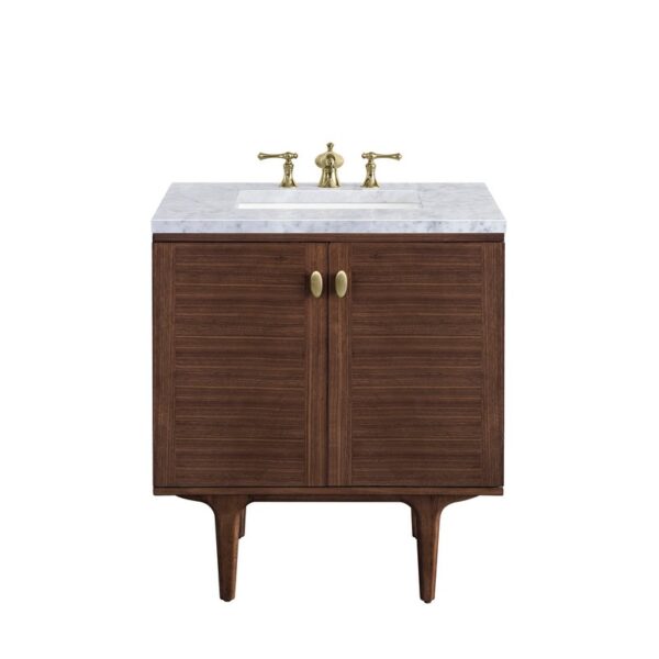 James Martin 670-V30-WLT-3CAR Amberly 30 Inch Mid-Century Walnut Single Sink Vanity with 3 cm Carrara Marble Top