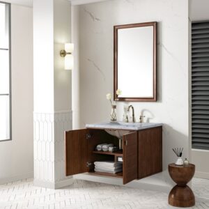 James Martin 670-V30-WLT-3CAR Amberly 30 Inch Mid-Century Walnut Single Sink Vanity with 3 cm Carrara Marble Top