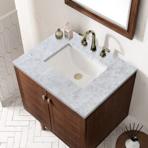 James Martin 670-V30-WLT-3CAR Amberly 30 Inch Mid-Century Walnut Single Sink Vanity with 3 cm Carrara Marble Top