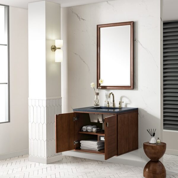 James Martin 670-V30-WLT-3CSP Amberly 30 Inch Mid-Century Walnut Single Sink Vanity with 3 cm Charcoal Soapstone Top