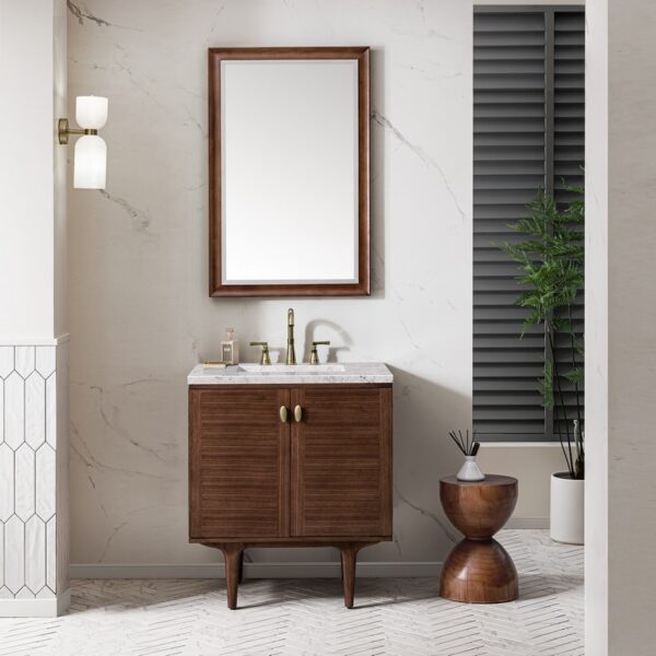 James Martin 670-V30-WLT-3EJP Amberly 30 Inch Mid-Century Walnut Single Sink Vanity with 3 cm Eternal Jasmine Pearl Top