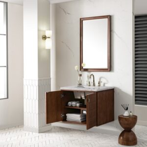 James Martin 670-V30-WLT-3EJP Amberly 30 Inch Mid-Century Walnut Single Sink Vanity with 3 cm Eternal Jasmine Pearl Top