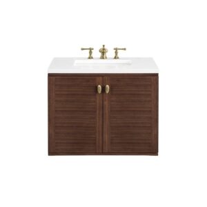 James Martin 670-V30-WLT-3WZ Amberly 30 Inch Single Vanity in Mid-Century Walnut with 3cm White Zeus Top