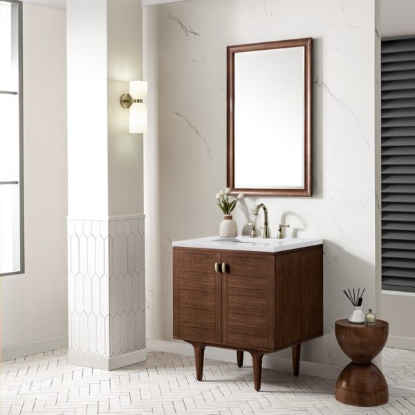 James Martin 670-V30-WLT-3WZ Amberly 30 Inch Single Vanity in Mid-Century Walnut with 3cm White Zeus Top