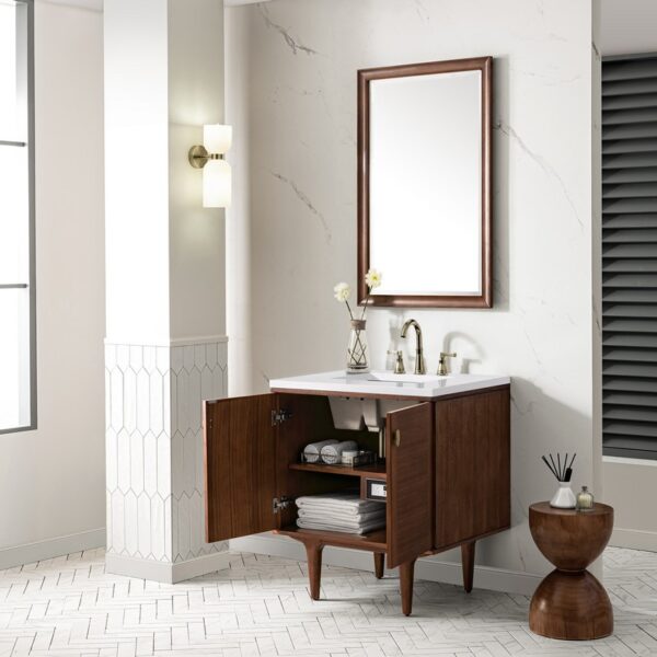 James Martin 670-V30-WLT-3WZ Amberly 30 Inch Single Vanity in Mid-Century Walnut with 3cm White Zeus Top