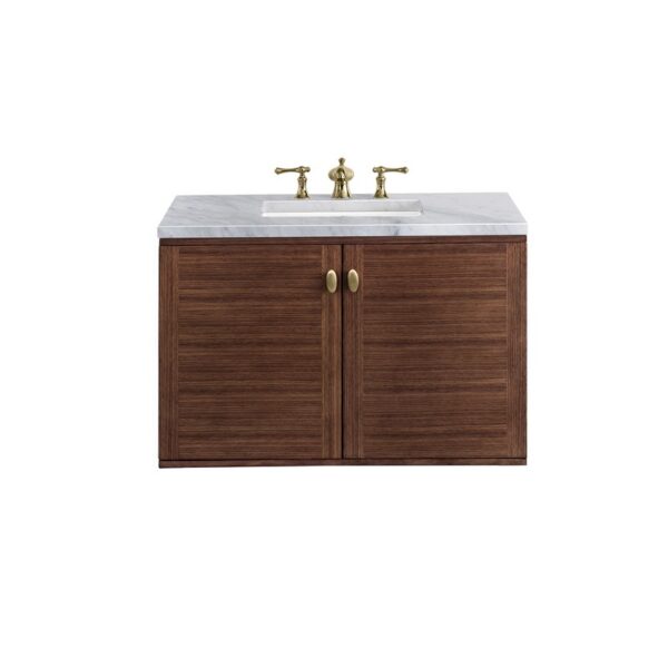 James Martin 670-V36-WLT-3CAR Amberly 36 Inch Mid-Century Walnut Single Sink Vanity with 3 cm Carrara Marble Top