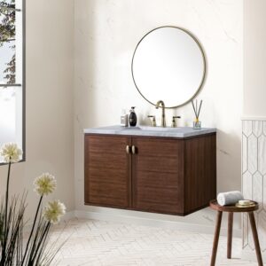 James Martin 670-V36-WLT-3CAR Amberly 36 Inch Mid-Century Walnut Single Sink Vanity with 3 cm Carrara Marble Top