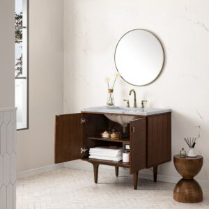 James Martin 670-V36-WLT-3CAR Amberly 36 Inch Mid-Century Walnut Single Sink Vanity with 3 cm Carrara Marble Top