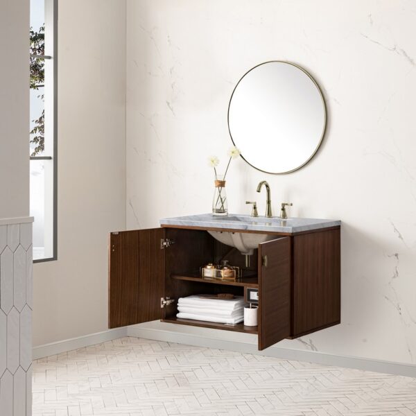 James Martin 670-V36-WLT-3CAR Amberly 36 Inch Mid-Century Walnut Single Sink Vanity with 3 cm Carrara Marble Top