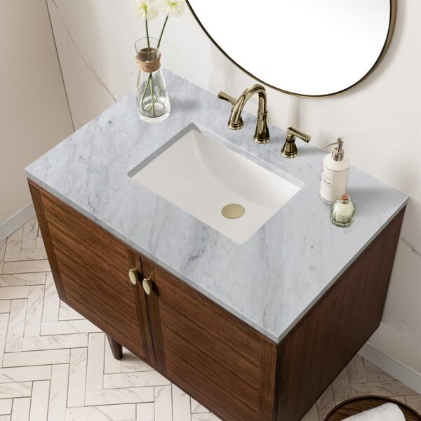 James Martin 670-V36-WLT-3CAR Amberly 36 Inch Mid-Century Walnut Single Sink Vanity with 3 cm Carrara Marble Top