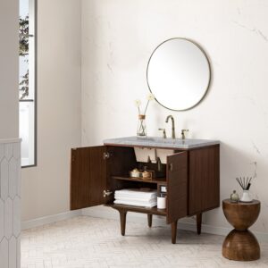 James Martin 670-V36-WLT-3EJP Amberly 36 Inch Mid-Century Walnut Single Sink Vanity with 3 cm Eternal Jasmine Pearl Top