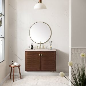 James Martin 670-V36-WLT-3EMR Amberly 36 Inch Mid-Century Walnut Single Sink Vanity with 3 cm Eternal Marfil Top