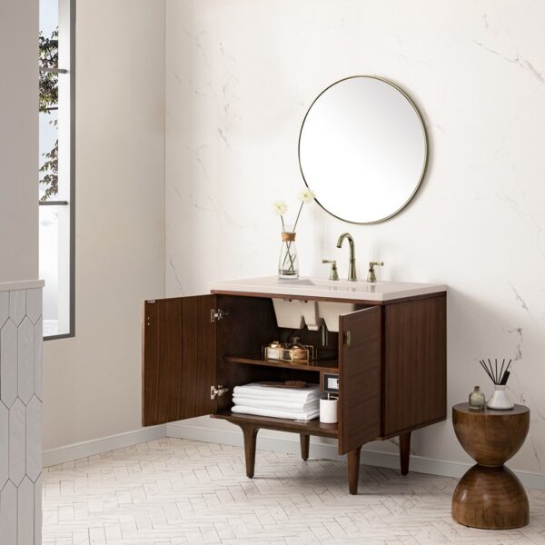 James Martin 670-V36-WLT-3EMR Amberly 36 Inch Mid-Century Walnut Single Sink Vanity with 3 cm Eternal Marfil Top