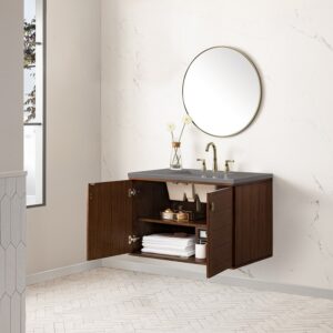 James Martin 670-V36-WLT-3GEX Amberly 36 Inch Mid-Century Walnut Single Sink Vanity with 3 cm Grey Expo Top