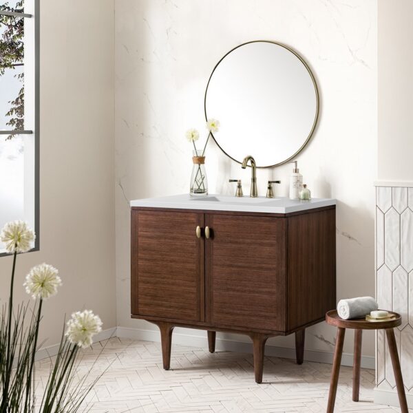 James Martin 670-V36-WLT-3WZ Amberly 36 Inch Single Vanity in Mid-Century Walnut with 3cm White Zeus Top