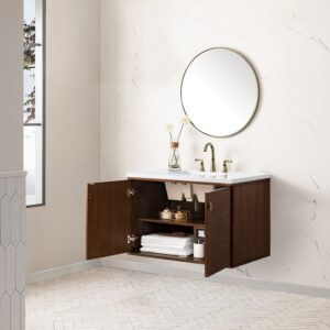 James Martin 670-V36-WLT-3WZ Amberly 36 Inch Single Vanity in Mid-Century Walnut with 3cm White Zeus Top