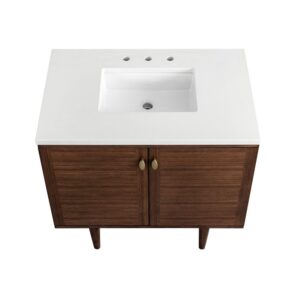 James Martin 670-V36-WLT-3WZ Amberly 36 Inch Single Vanity in Mid-Century Walnut with 3cm White Zeus Top