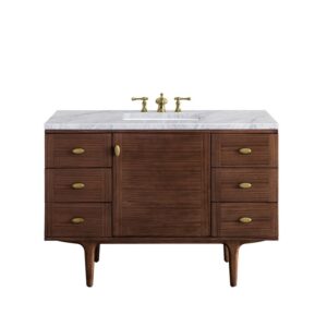 James Martin 670-V48-WLT-3CAR Amberly 48 Inch Mid-Century Walnut Single Sink Vanity with 3 cm Carrara Marble Top